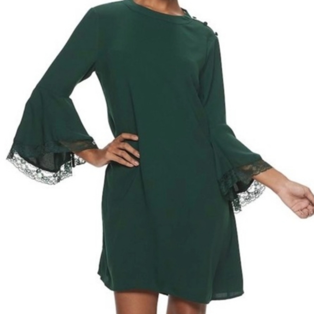 Hailey Lyn Green Size 6 Polyester Dress 3/4 Bell Sleeves W/lace Trim